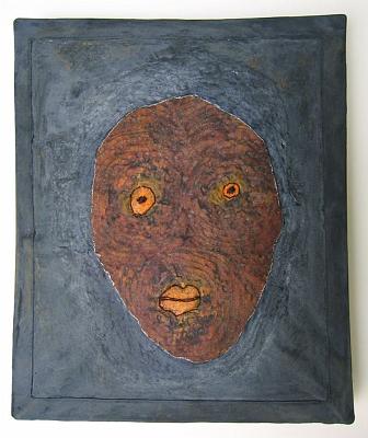 Kopf I.jpg - Kopf I, 2008, Karton, Papier, Stoff, Gouache, 25 x 21 x 3 cm